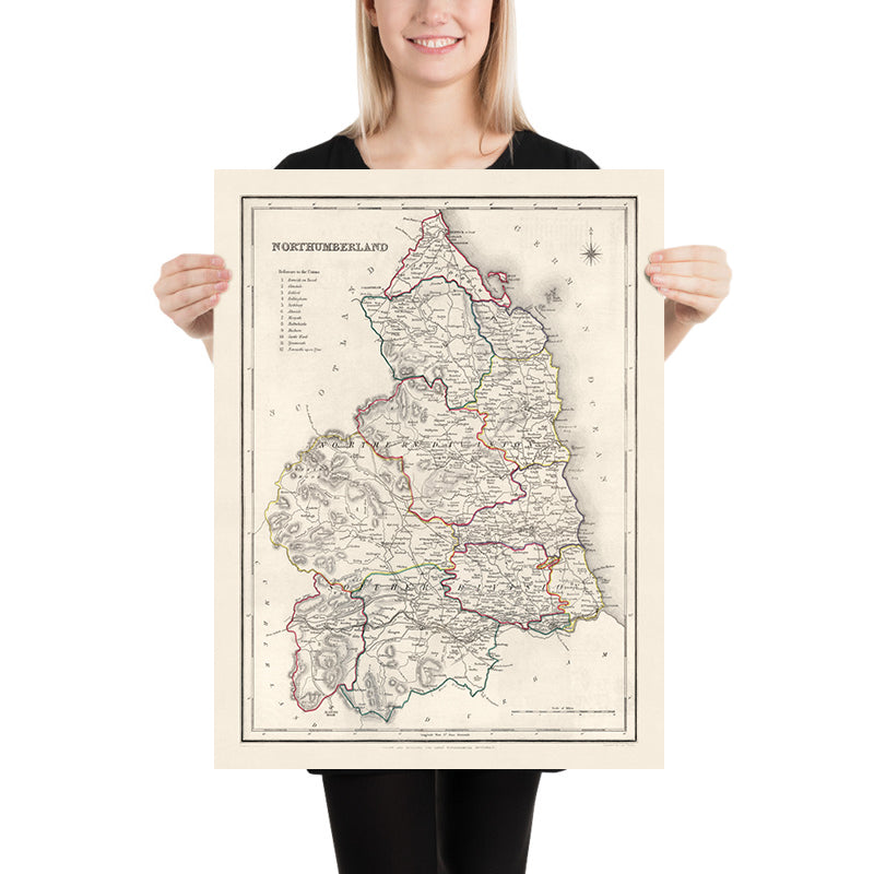 Alte Karte von Northumberland von Samuel Lewis, 1844: Newcastle upon Tyne, Blyth, Cramlington, Ashington und Bedlington 