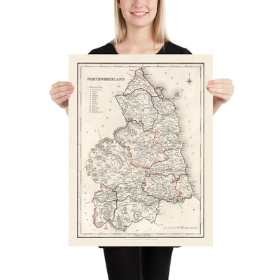 Alte Karte von Northumberland von Samuel Lewis, 1844: Newcastle upon Tyne, Blyth, Cramlington, Ashington und Bedlington 