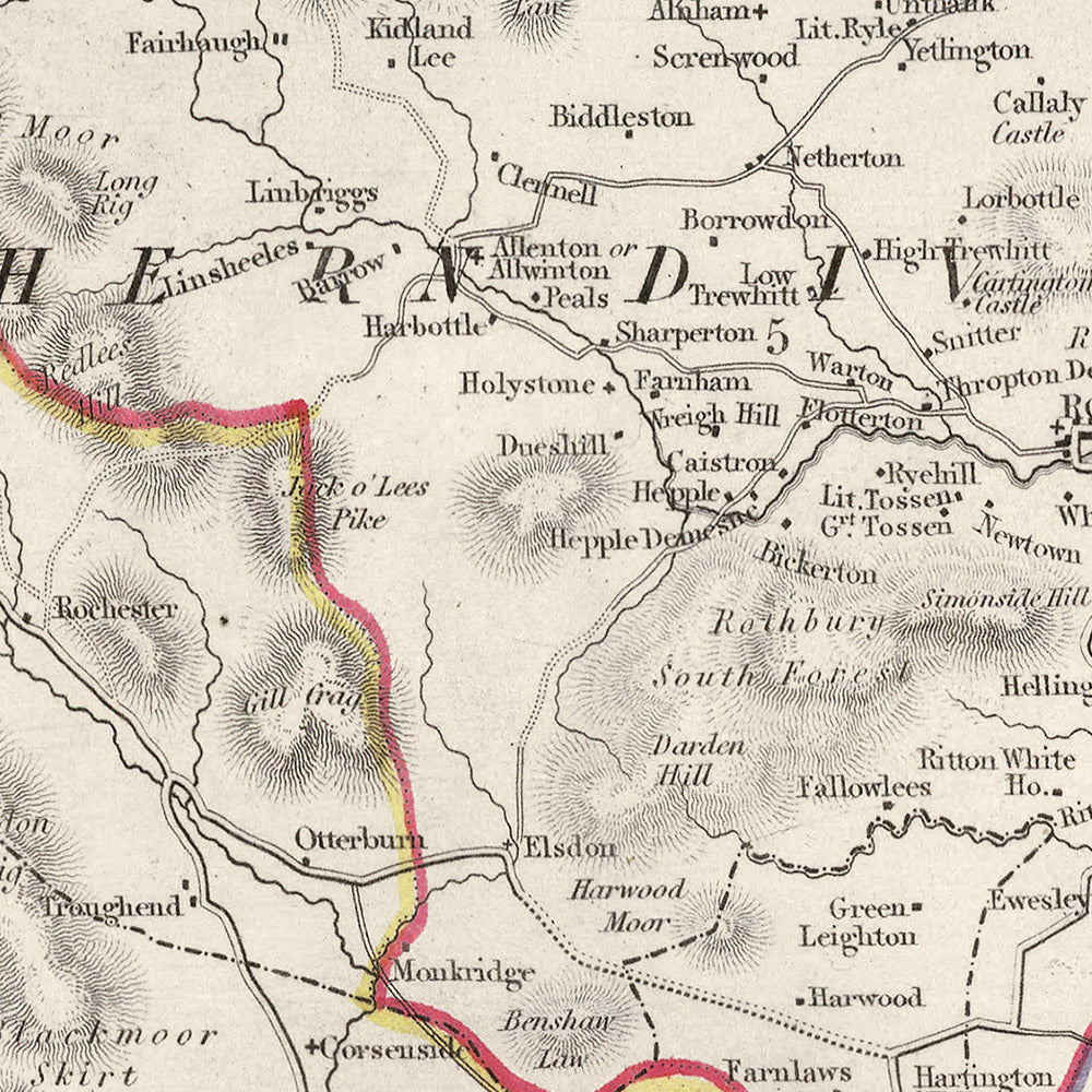 Alte Karte von Northumberland von Samuel Lewis, 1844: Newcastle upon Tyne, Blyth, Cramlington, Ashington und Bedlington 