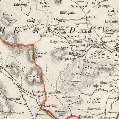 Alte Karte von Northumberland von Samuel Lewis, 1844: Newcastle upon Tyne, Blyth, Cramlington, Ashington und Bedlington 