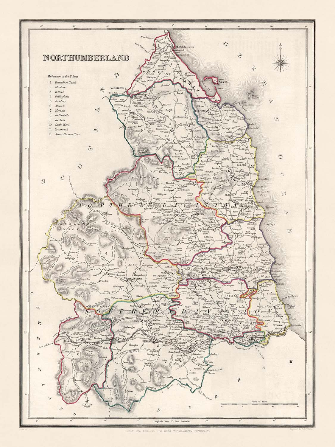 Alte Karte von Northumberland von Samuel Lewis, 1844: Newcastle upon Tyne, Blyth, Cramlington, Ashington und Bedlington 
