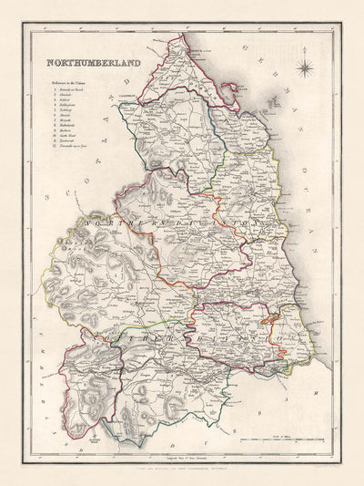 Alte Karte von Northumberland von Samuel Lewis, 1844: Newcastle upon Tyne, Blyth, Cramlington, Ashington und Bedlington 