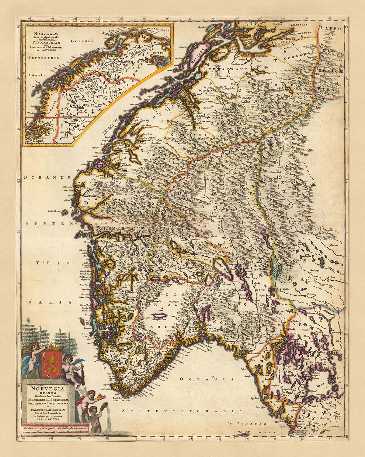 Old Map of Norway by Visscher, 1690: Oslo, Trondheim, Bergen, Stavanger, Jotunheimen National Park