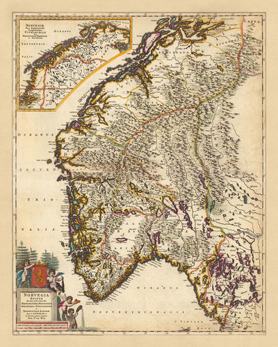 Old Map of Norway by Visscher, 1690: Oslo, Trondheim, Bergen, Stavanger, Jotunheimen National Park