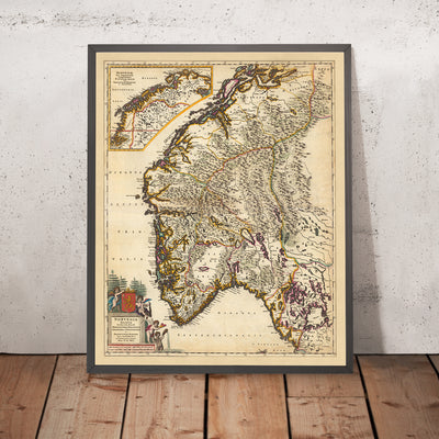 Old Map of Norway by Visscher, 1690: Oslo, Trondheim, Bergen, Stavanger, Jotunheimen National Park
