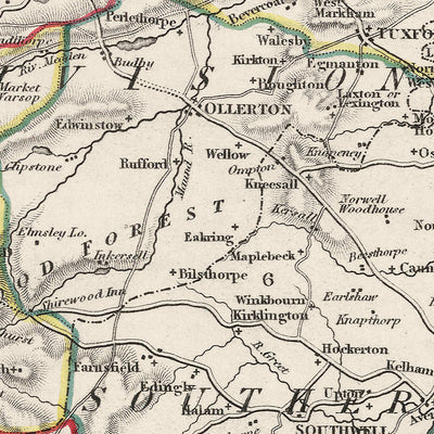 Old Map of Nottinghamshire by Samuel Lewis, 1844: Nottingham, Mansfield, Worksop, Newark, Retford