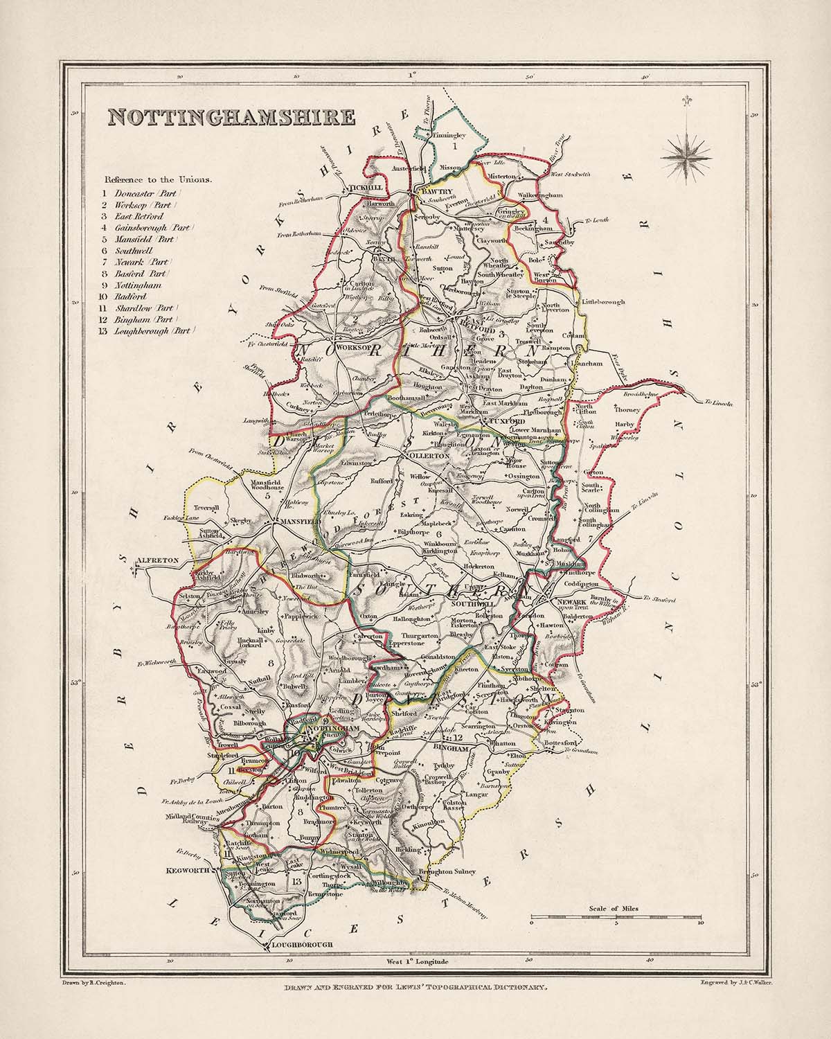 Old Map of Nottinghamshire by Samuel Lewis, 1844: Nottingham, Mansfield, Worksop, Newark, Retford