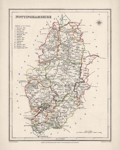 Old Map of Nottinghamshire by Samuel Lewis, 1844: Nottingham, Mansfield, Worksop, Newark, Retford
