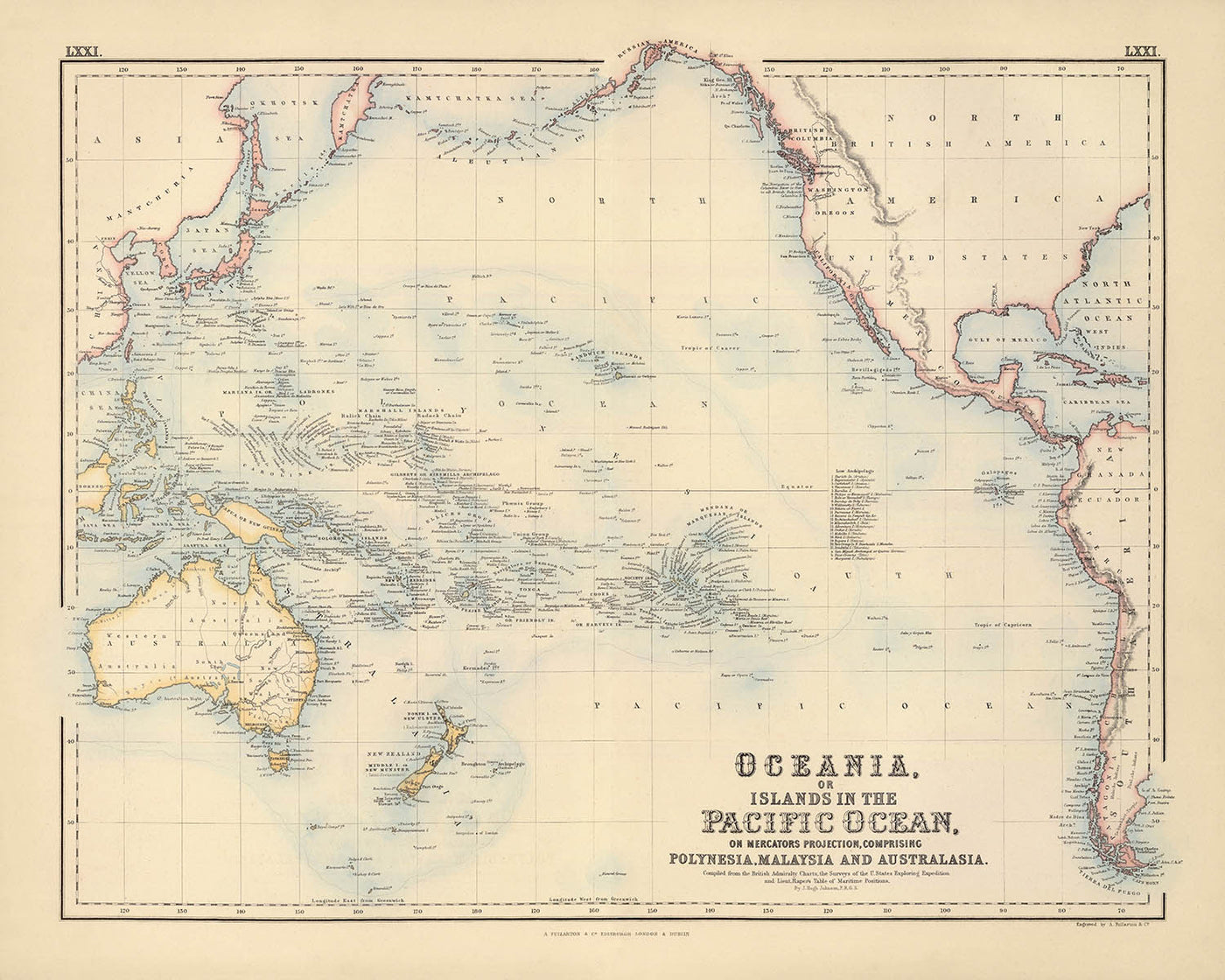 Antigua mapa del Pacífico por Fullarton, 1872: Polinesia, Australia, Nueva Zelanda, Américas 