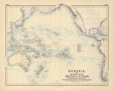 Antigua mapa del Pacífico por Fullarton, 1872: Polinesia, Australia, Nueva Zelanda, Américas 