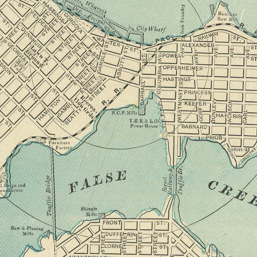 Ancien plan de la ville de Vancouver par Cram, 1895 : Parc Stanley, Parc Hastings, False Creek, Inlet Burrard, English Bay 