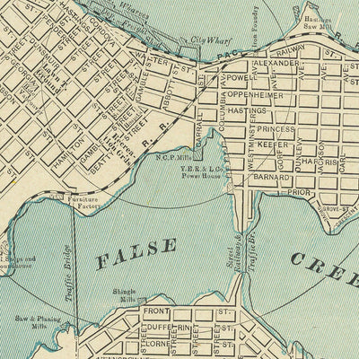 Ancien plan de la ville de Vancouver par Cram, 1895 : Parc Stanley, Parc Hastings, False Creek, Inlet Burrard, English Bay 