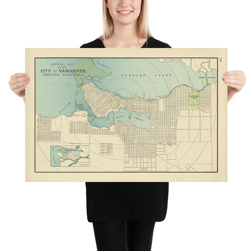 Ancien plan de la ville de Vancouver par Cram, 1895 : Parc Stanley, Parc Hastings, False Creek, Inlet Burrard, English Bay 