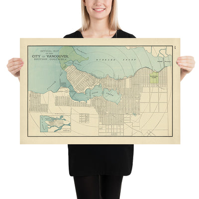 Ancien plan de la ville de Vancouver par Cram, 1895 : Parc Stanley, Parc Hastings, False Creek, Inlet Burrard, English Bay 