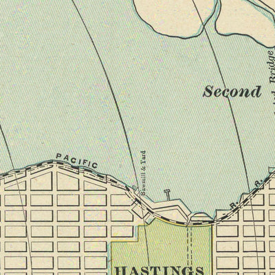 Ancien plan de la ville de Vancouver par Cram, 1895 : Parc Stanley, Parc Hastings, False Creek, Inlet Burrard, English Bay 