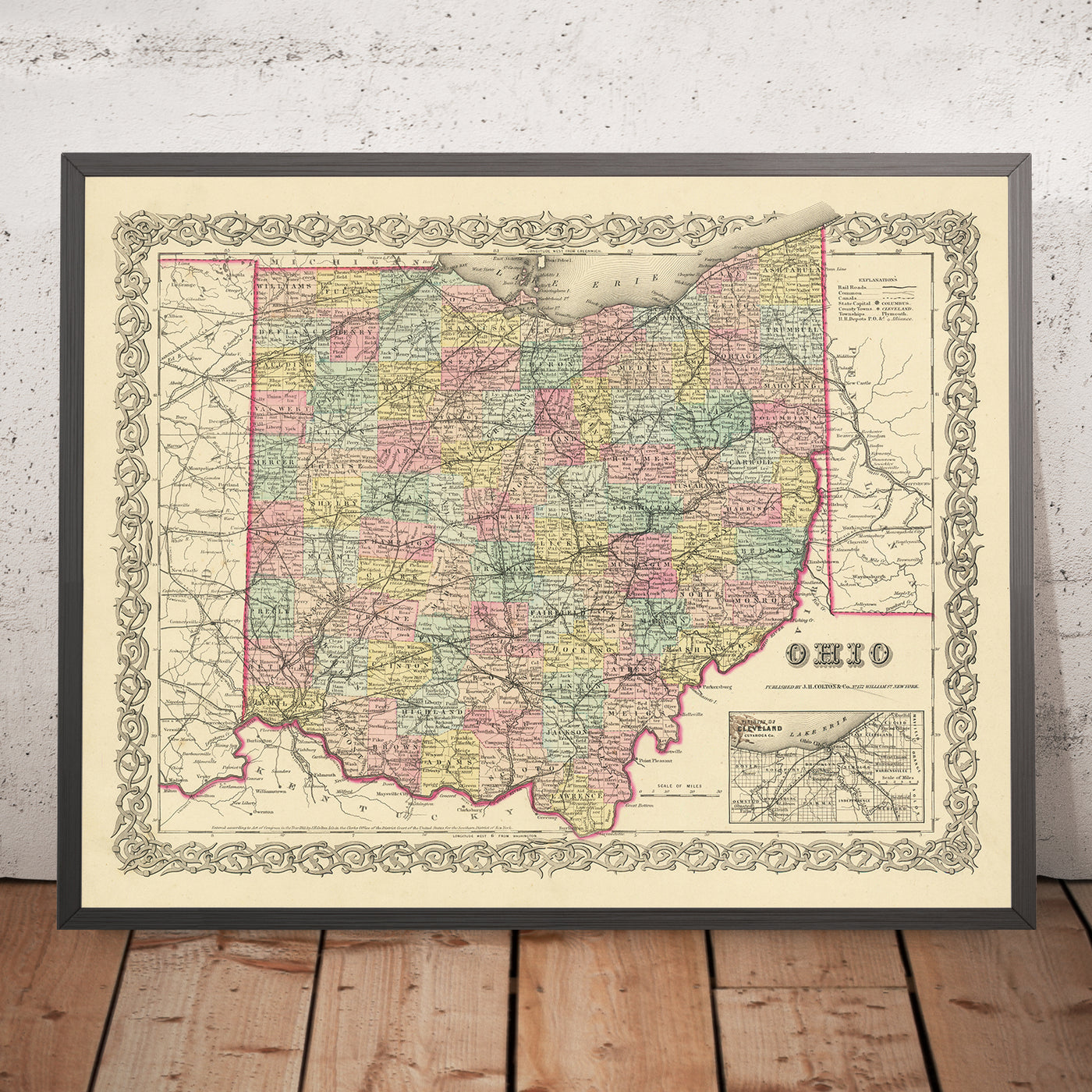 Ancienne carte de l'Ohio par JH Colton, 1855 : Cincinnati, Cleveland, Columbus, Dayton et Toledo