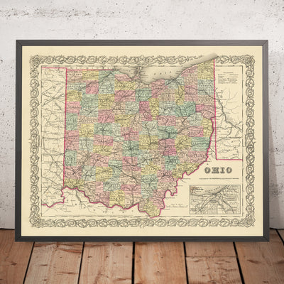 Ancienne carte de l'Ohio par JH Colton, 1855 : Cincinnati, Cleveland, Columbus, Dayton et Toledo