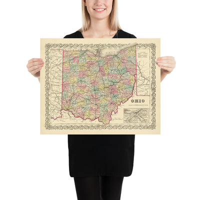 Ancienne carte de l'Ohio par JH Colton, 1855 : Cincinnati, Cleveland, Columbus, Dayton et Toledo