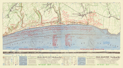 Old Military Map of Omaha Beach D-Day Battle Plans, 1944: US Army, Colleville-sur-Mer, Vierville-sur-Mer, Beach Obstacles