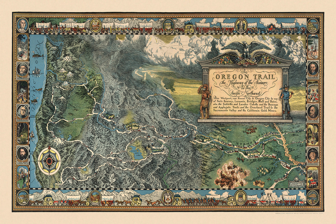 Alte Karte des Oregon Trails von William Forsyth McIlwraith, 1932: Mormon Trail, Westport, Whitman Mission, Ft. Vancouver 