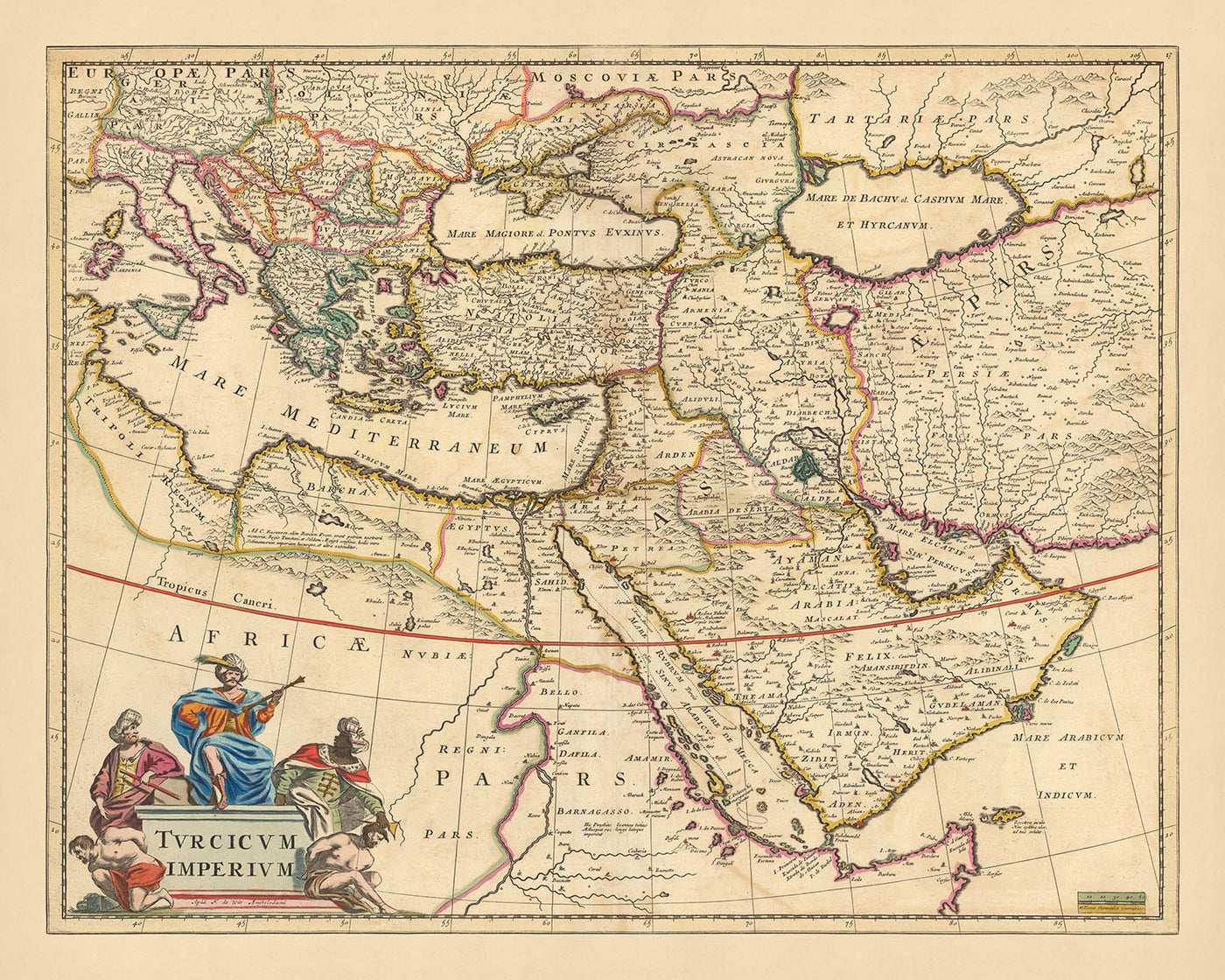 Antiguo mapa del Imperio Otomano de Visscher, 1690: Oriente Medio, Sur de Europa, Noreste de África, Mar Mediterráneo, Mar Rojo