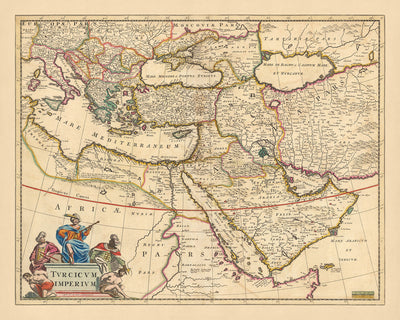 Antiguo mapa del Imperio Otomano de Visscher, 1690: Oriente Medio, Sur de Europa, Noreste de África, Mar Mediterráneo, Mar Rojo