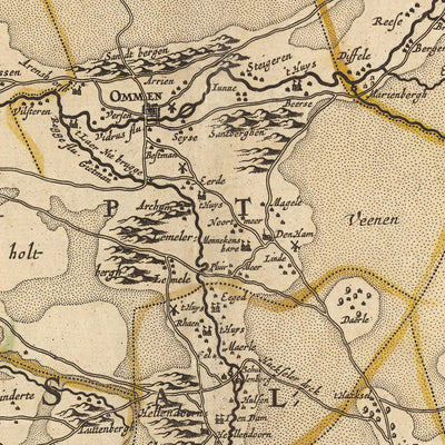 Mapa antiguo de Overijssel, Países Bajos por Visscher, 1690: Zwolle, Kampen, Hengelo, Deventer, Enschede