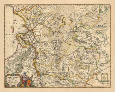 Mapa antiguo de Overijssel, Países Bajos por Visscher, 1690: Zwolle, Kampen, Hengelo, Deventer, Enschede