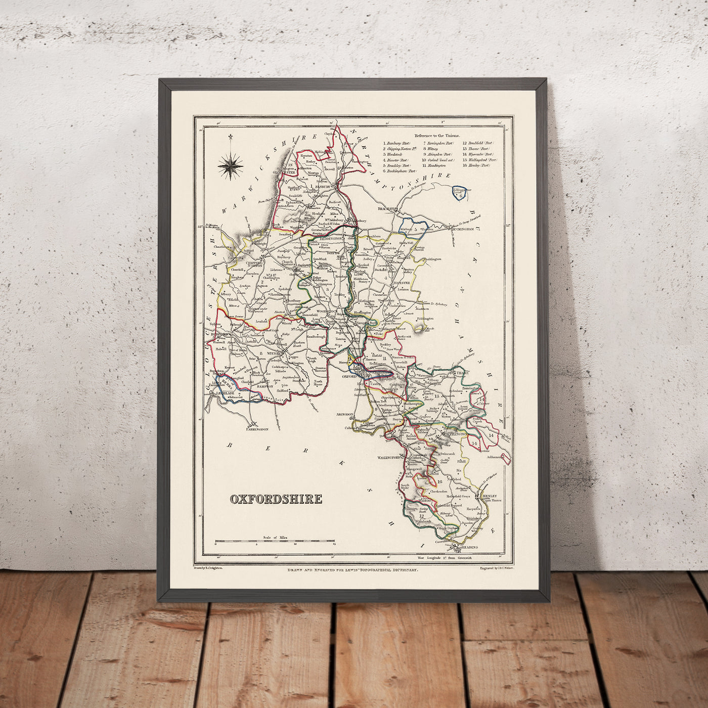 Alte Karte von Oxfordshire von Samuel Lewis, 1844: Oxford, Banbury, Abingdon, Bicester und Witney 