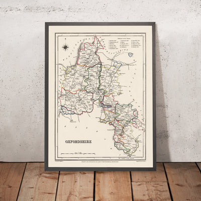 Alte Karte von Oxfordshire von Samuel Lewis, 1844: Oxford, Banbury, Abingdon, Bicester und Witney 
