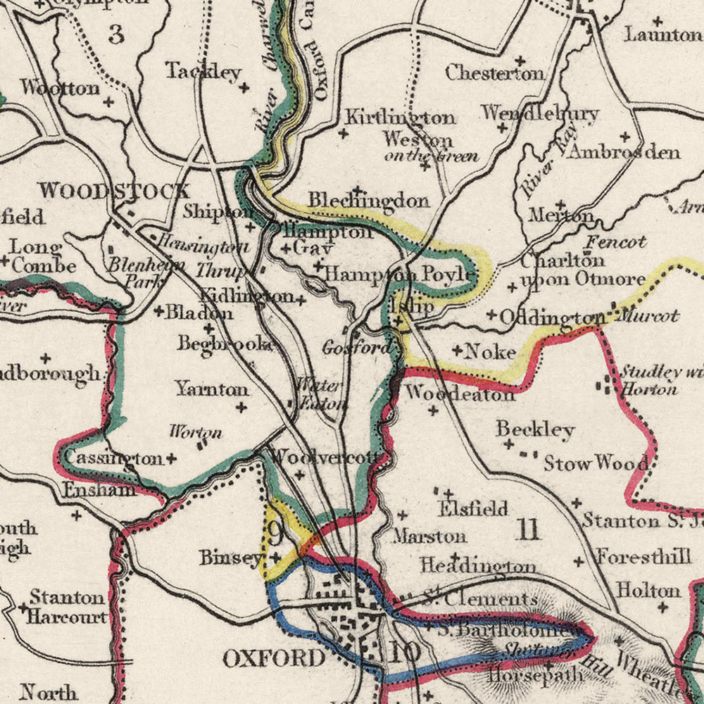 Alte Karte von Oxfordshire von Samuel Lewis, 1844: Oxford, Banbury, Abingdon, Bicester und Witney 