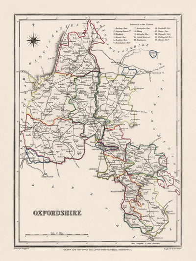 Alte Karte von Oxfordshire von Samuel Lewis, 1844: Oxford, Banbury, Abingdon, Bicester und Witney 