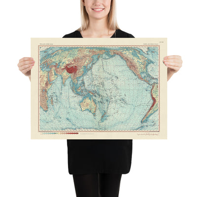 Old World Map of the Pacific and Indian Oceans, 1967: Detailed Political and Physical Chart