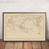 Antigua carta del mundo centrada en el Pacífico por Hogg, 1794: los viajes de Cook, Drake, Anson, centrada en Australia y Nueva Zelanda 