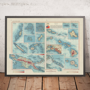Old Map of the Islands of the Pacific Ocean, 1967: Hawaii, Fiji, Palau, New Guinea, Samoa, Pearl Harbour, Atolls