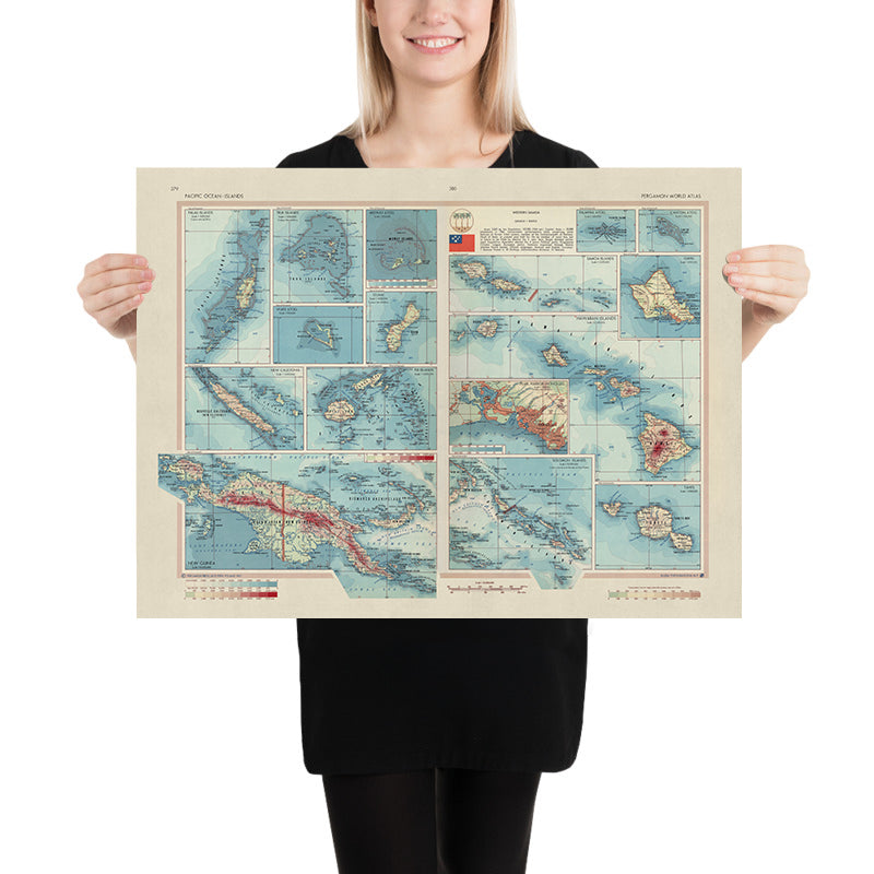 Old Map of the Islands of the Pacific Ocean, 1967: Hawaii, Fiji, Palau, New Guinea, Samoa, Pearl Harbour, Atolls