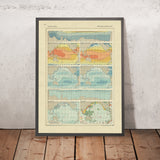 Mappa infografica antica dell'Oceano Pacifico, 1967: Temperatura, Salinità, Pesca, Fondale Oceanico 