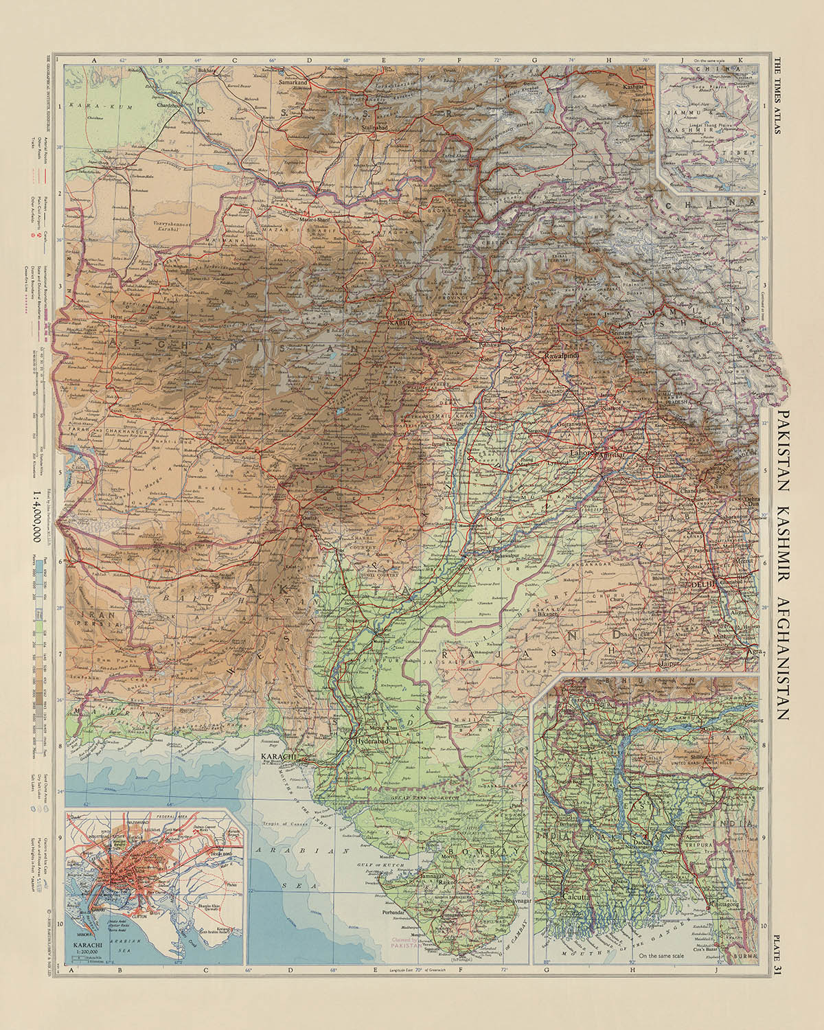 Alte Karte von Kaschmir, Pakistan und Afghanistan von Bartholomew, 1959: Karachi, Indus, Hindu Kush, Kabul, Lahore 