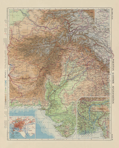 Alte Karte von Kaschmir, Pakistan und Afghanistan von Bartholomew, 1959: Karachi, Indus, Hindu Kush, Kabul, Lahore 