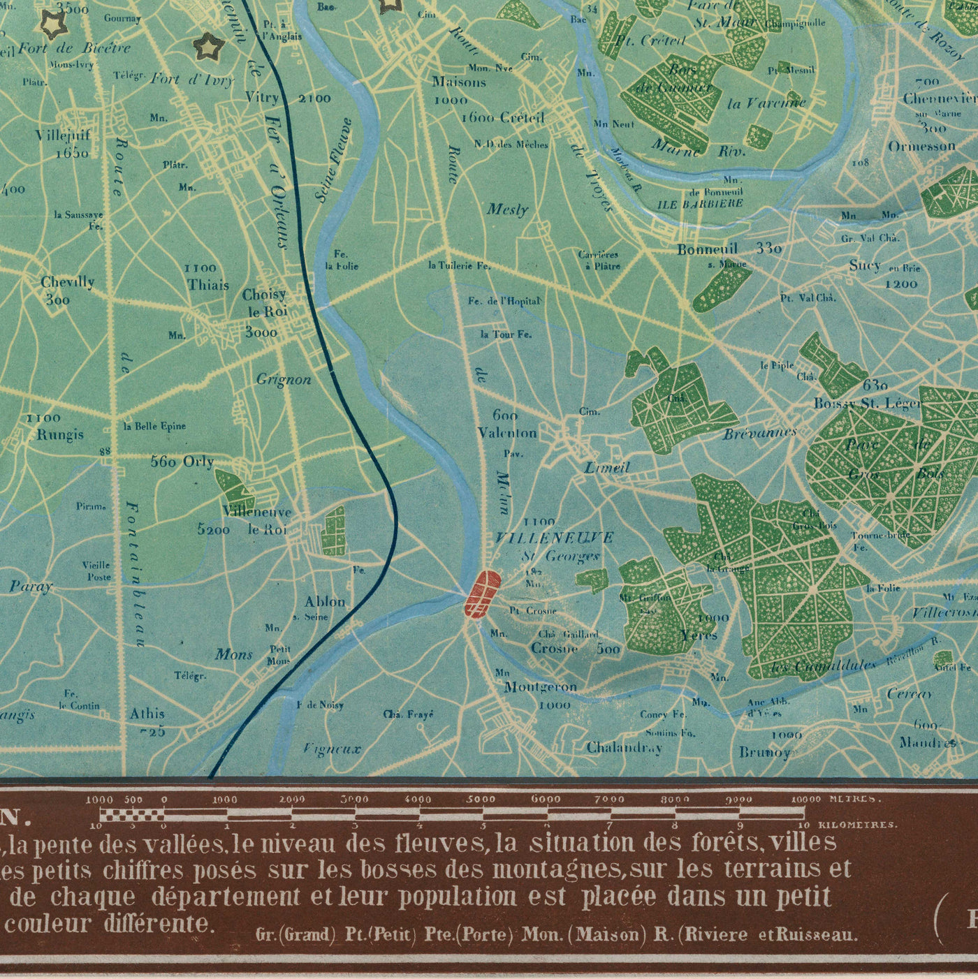 Old Relief Map of Paris by Georg Bauerkeller in 1843 - Saint Denis, Argenteuil, Saint Germain Des Paris, Montmorency, Versailles
