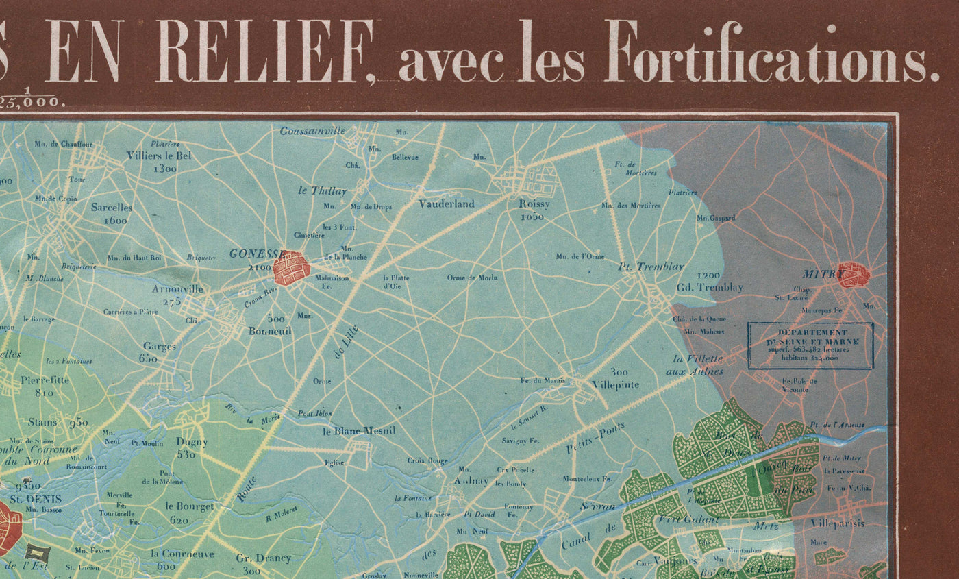 Old Relief Map of Paris by Georg Bauerkeller in 1843 - Saint Denis, Argenteuil, Saint Germain Des Paris, Montmorency, Versailles
