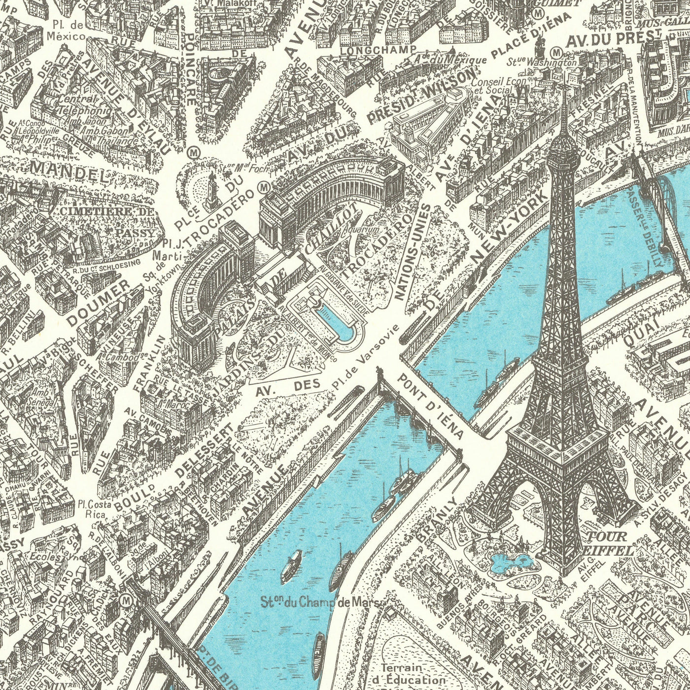Old Birdseye Map of Paris by Peltier & Chardon, 1974: Eiffel Tower, Notre-Dame, Louvre, Montmartre, Seine