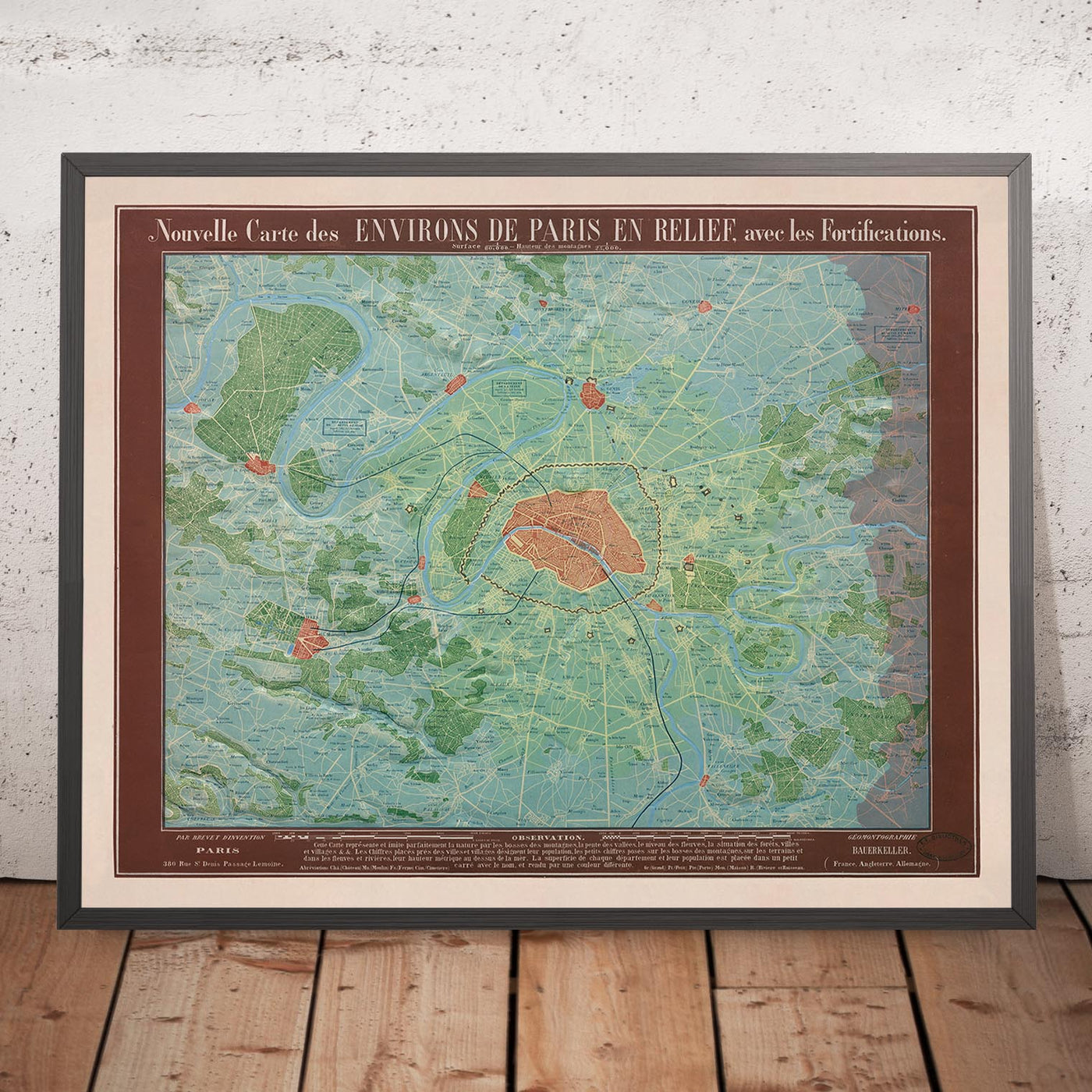 Old Relief Map of Paris by Georg Bauerkeller in 1843 - Saint Denis, Argenteuil, Saint Germain Des Paris, Montmorency, Versailles
