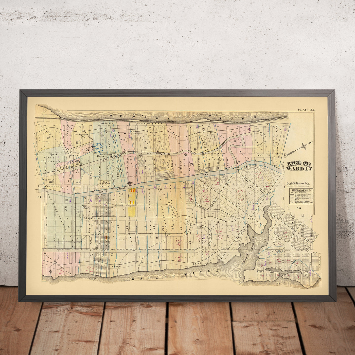 Ancien plan de la ville de Harlem, NYC par Bromley, 1879 : Fort Washington, Fort George, rivière Hudson, rivière Harlem 