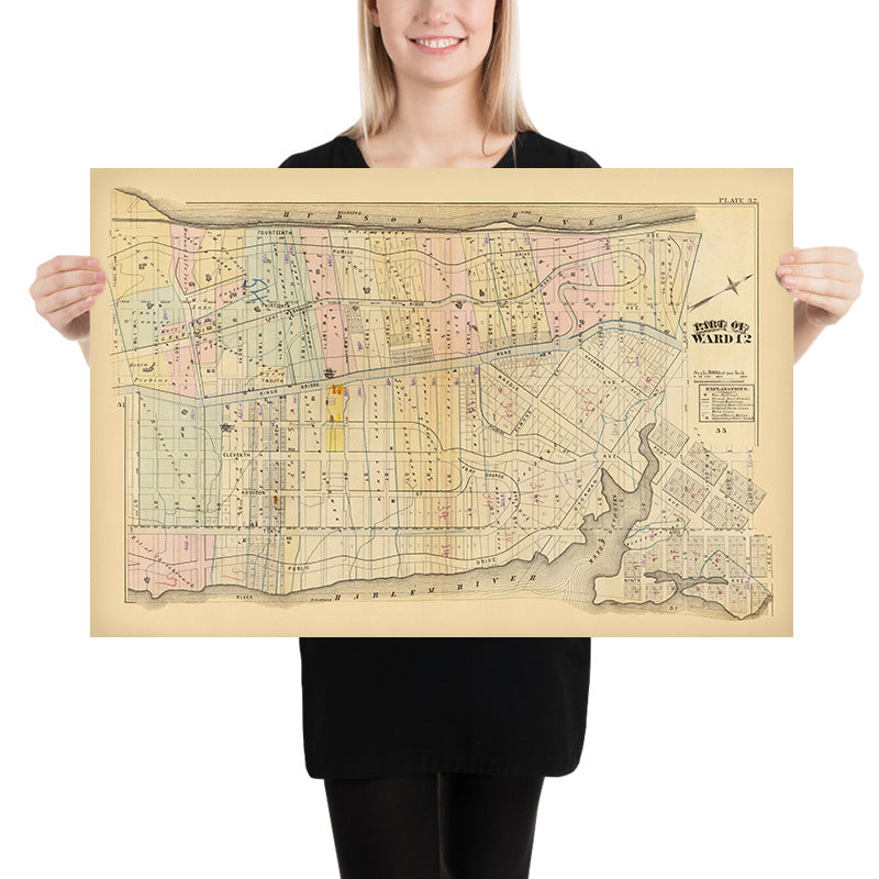 Ancien plan de la ville de Harlem, NYC par Bromley, 1879 : Fort Washington, Fort George, rivière Hudson, rivière Harlem 