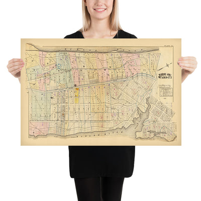Ancien plan de la ville de Harlem, NYC par Bromley, 1879 : Fort Washington, Fort George, rivière Hudson, rivière Harlem 