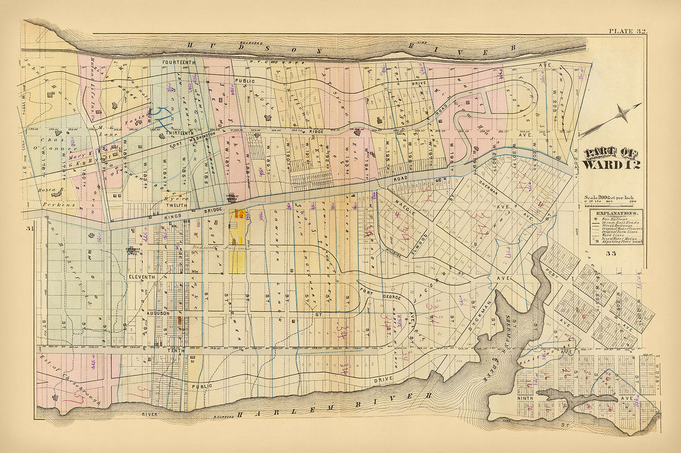 Ancien plan de la ville de Harlem, NYC par Bromley, 1879 : Fort Washington, Fort George, rivière Hudson, rivière Harlem 
