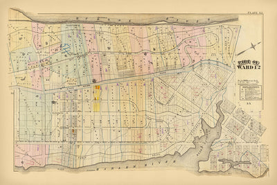 Ancien plan de la ville de Harlem, NYC par Bromley, 1879 : Fort Washington, Fort George, rivière Hudson, rivière Harlem 