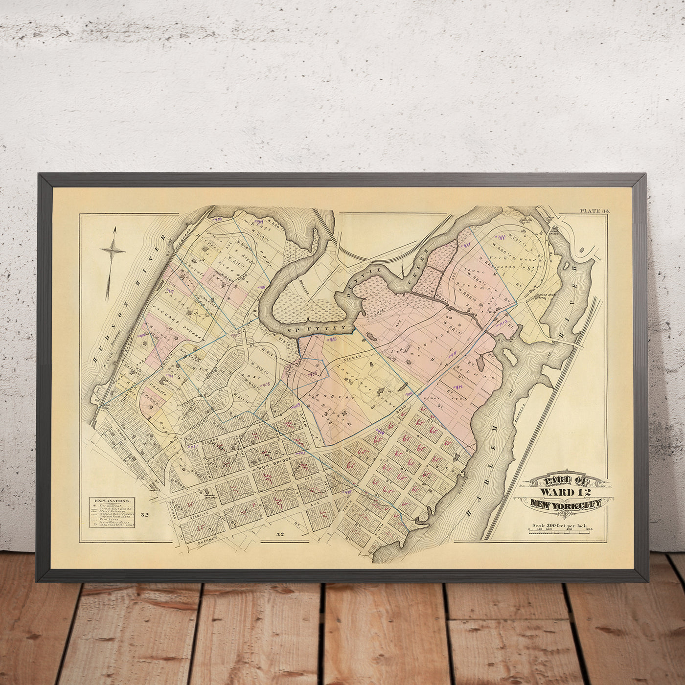 Ancienne carte de Harlem, NYC par Bromley, 1879 : ruisseau Spuyten Duyvil, rivière Harlem, Broadway, Kingsbridge Ave, University Ave 