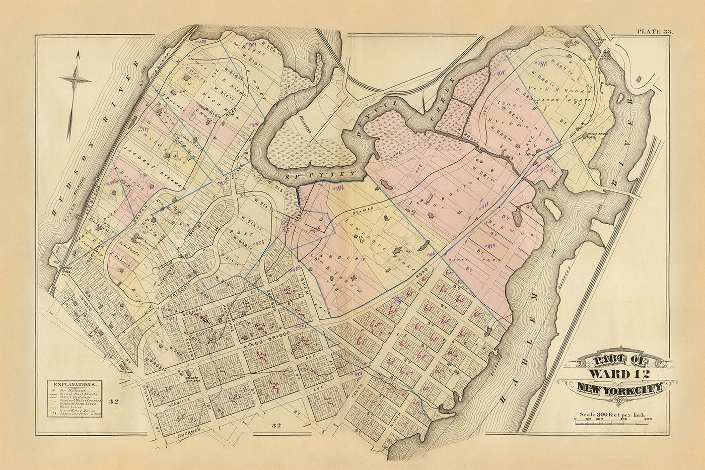 Ancienne carte de Harlem, NYC par Bromley, 1879 : ruisseau Spuyten Duyvil, rivière Harlem, Broadway, Kingsbridge Ave, University Ave 